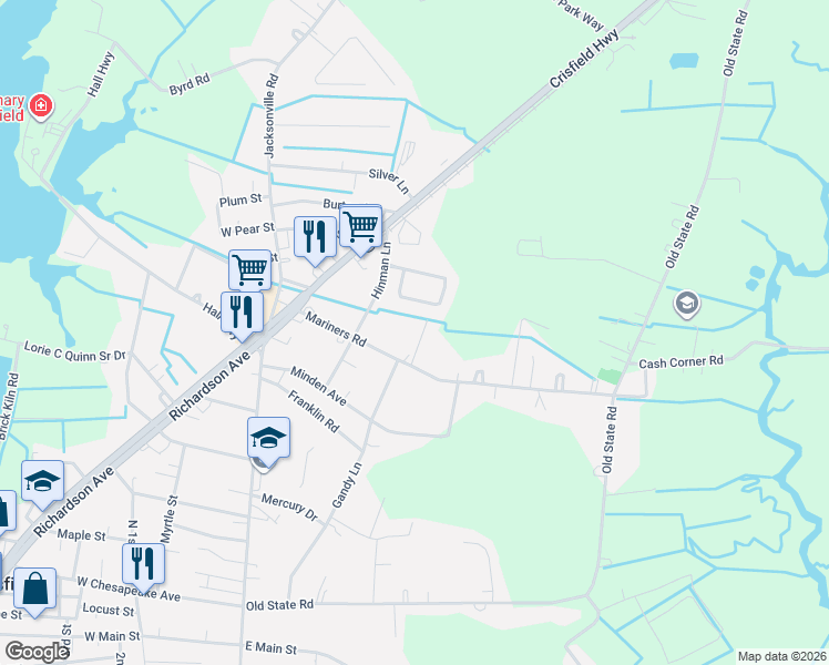 map of restaurants, bars, coffee shops, grocery stores, and more near 3900 Cardinal Drive in Crisfield