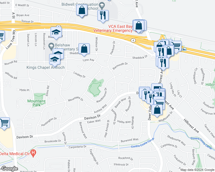 map of restaurants, bars, coffee shops, grocery stores, and more near 3130 Westbourne Drive in Antioch