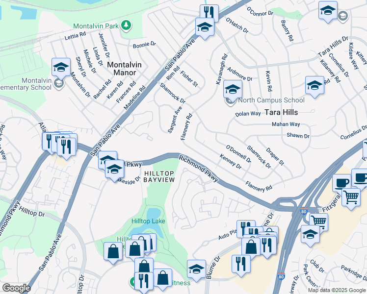 map of restaurants, bars, coffee shops, grocery stores, and more near 3088 Flannery Road in San Pablo