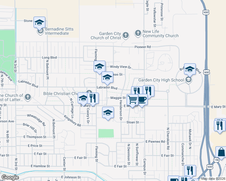 map of restaurants, bars, coffee shops, grocery stores, and more near 2610 Pearly Jane Avenue in Garden City