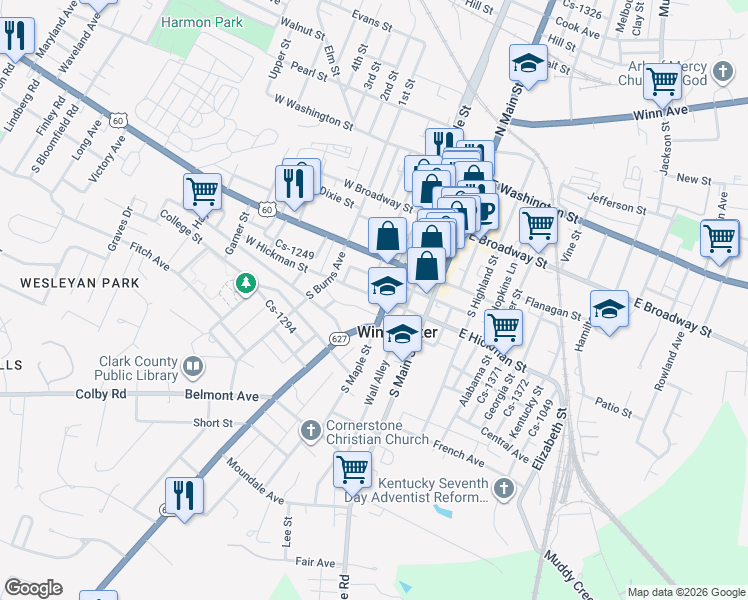 map of restaurants, bars, coffee shops, grocery stores, and more near in Winchester