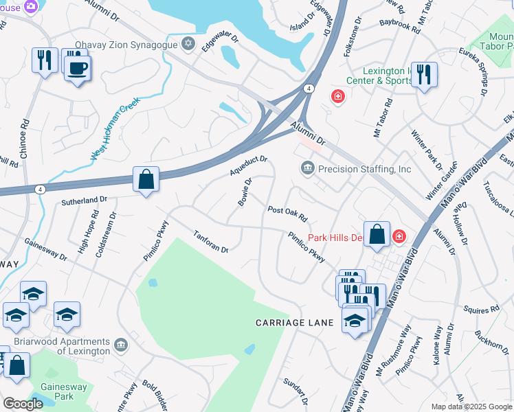 map of restaurants, bars, coffee shops, grocery stores, and more near 3251 Pimlico Parkway in Lexington