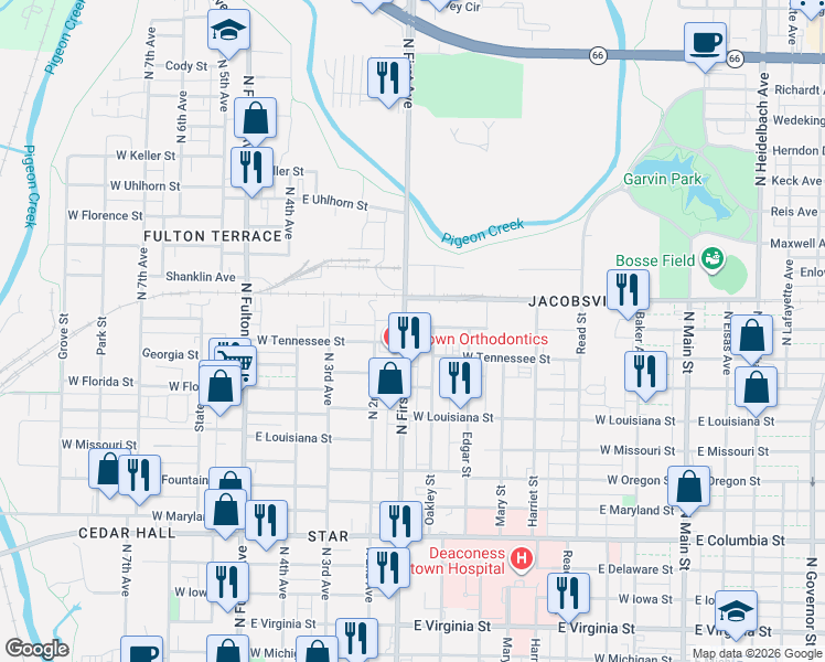 map of restaurants, bars, coffee shops, grocery stores, and more near 1409 North 1st Avenue in Evansville