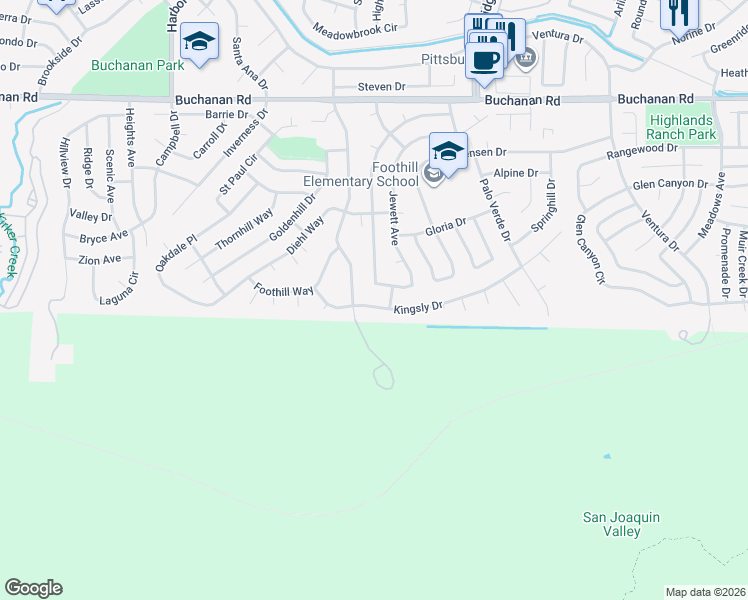 map of restaurants, bars, coffee shops, grocery stores, and more near 1513 Kingsly Drive in Pittsburg