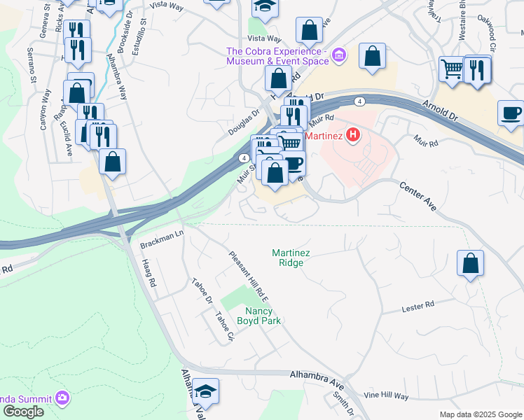 map of restaurants, bars, coffee shops, grocery stores, and more near 512 Laurel Knoll Court in Martinez