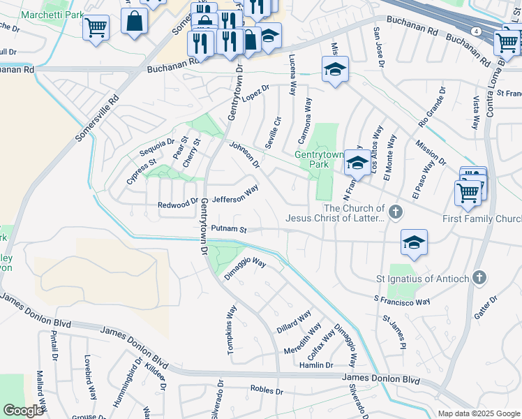 map of restaurants, bars, coffee shops, grocery stores, and more near 3042 Cleveland Place in Antioch