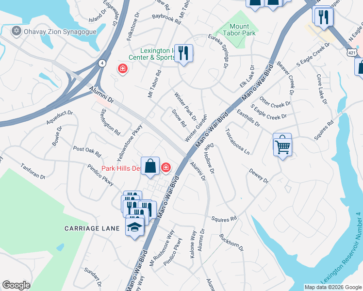 map of restaurants, bars, coffee shops, grocery stores, and more near 2800 Alumni Drive in Lexington