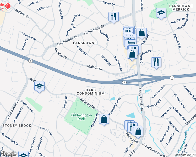 map of restaurants, bars, coffee shops, grocery stores, and more near 3445 Malabu Circle in Lexington