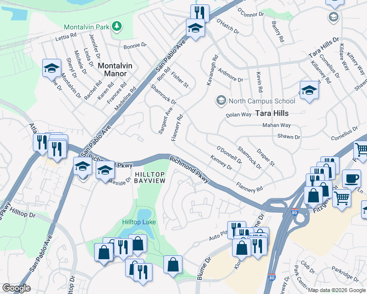 map of restaurants, bars, coffee shops, grocery stores, and more near 3046 Flannery Road in San Pablo