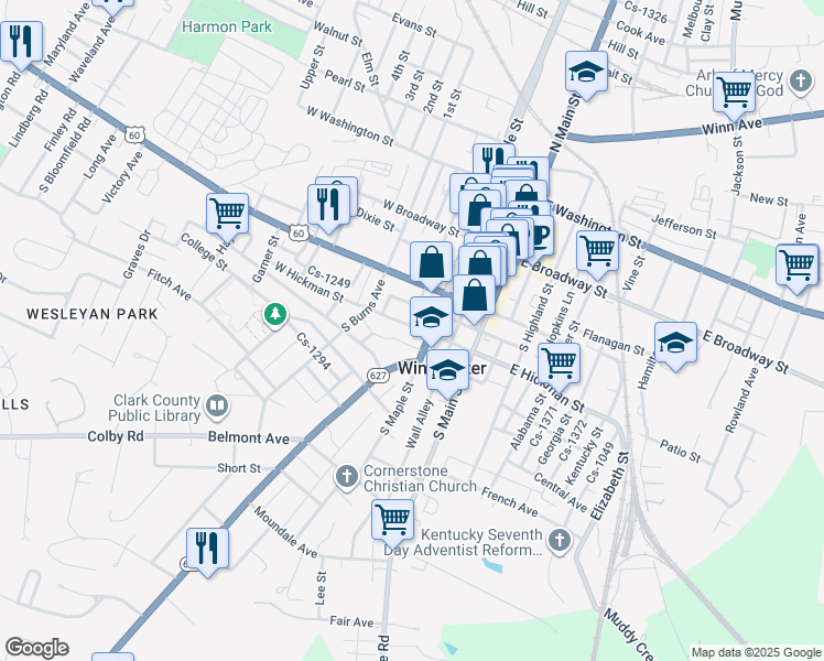 map of restaurants, bars, coffee shops, grocery stores, and more near 117 Boone Avenue in Winchester