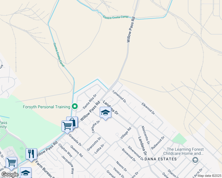 map of restaurants, bars, coffee shops, grocery stores, and more near Willow Pass Rd & Lynwood Dr in Concord