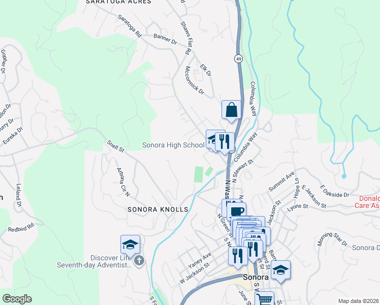 map of restaurants, bars, coffee shops, grocery stores, and more near 444 Shaws Flat Road in Sonora