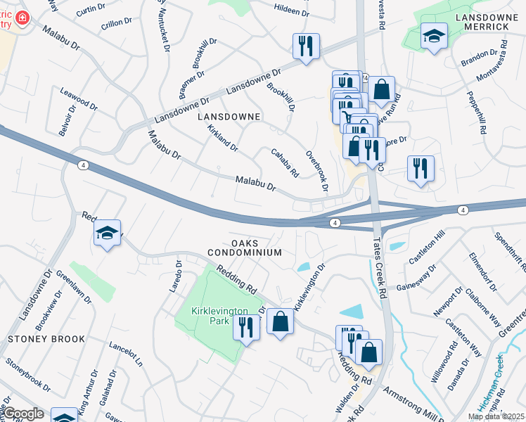 map of restaurants, bars, coffee shops, grocery stores, and more near 3445 Malabu Circle in Lexington