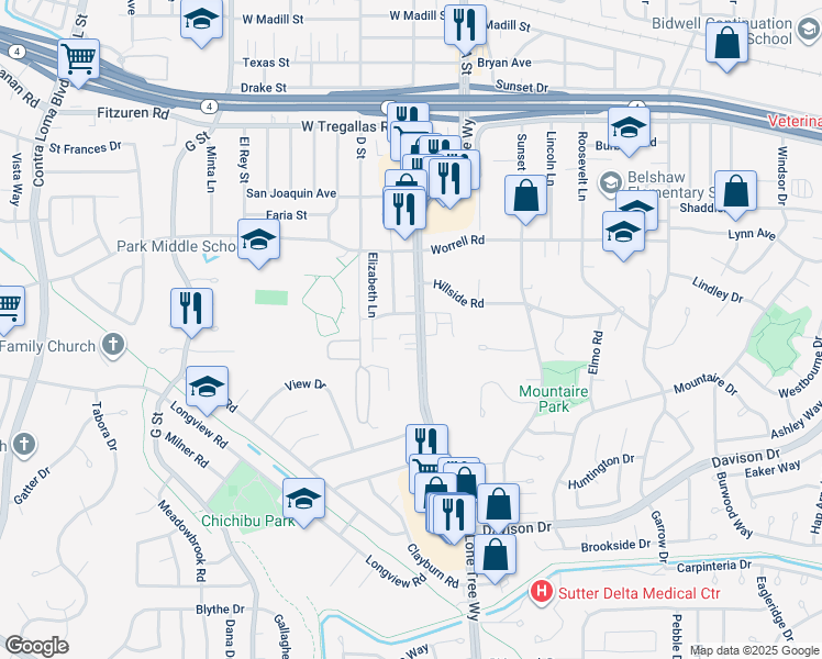 map of restaurants, bars, coffee shops, grocery stores, and more near 3108 Lone Tree Way in Antioch