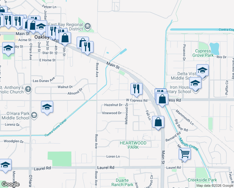 map of restaurants, bars, coffee shops, grocery stores, and more near 4517 Waterford Way in Oakley