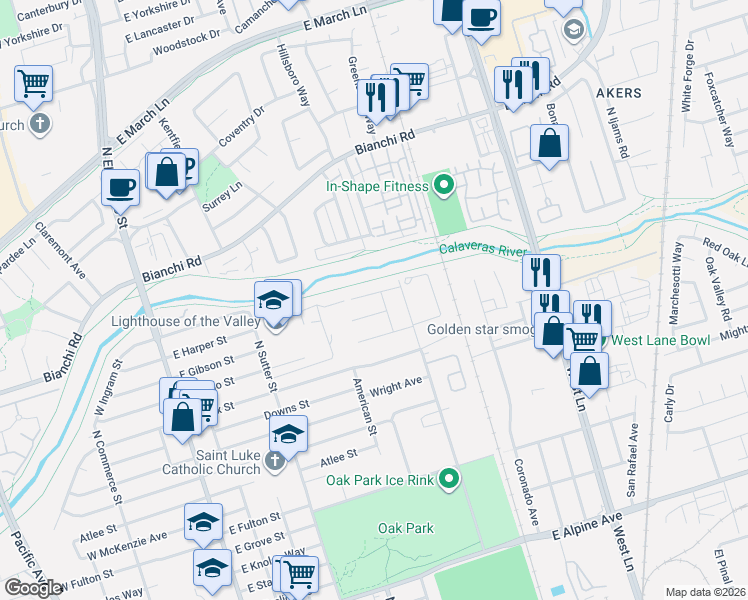 map of restaurants, bars, coffee shops, grocery stores, and more near 726 Beeler Street in Stockton