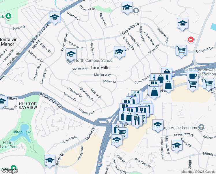 map of restaurants, bars, coffee shops, grocery stores, and more near 2832 Flannery Road in San Pablo