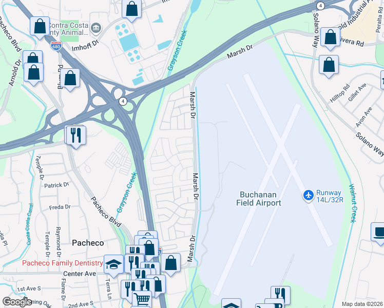 map of restaurants, bars, coffee shops, grocery stores, and more near 201 Aria Drive in Pacheco