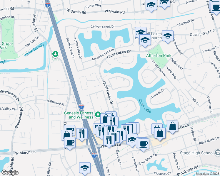 map of restaurants, bars, coffee shops, grocery stores, and more near 3608 Wood Duck Circle in Stockton