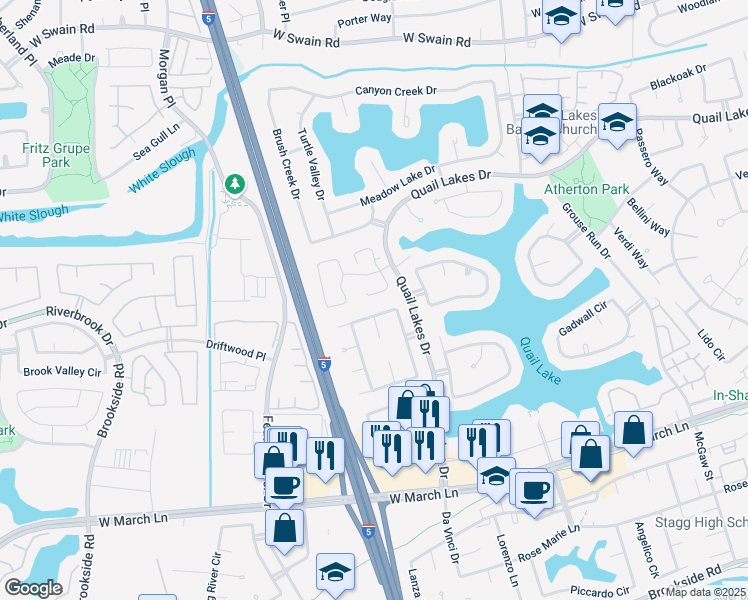 map of restaurants, bars, coffee shops, grocery stores, and more near 3591 Quail Lakes Drive in Stockton