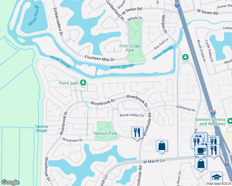 map of restaurants, bars, coffee shops, grocery stores, and more near 5432 Brook Hollow Court in Stockton