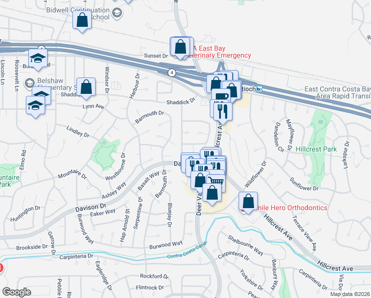 map of restaurants, bars, coffee shops, grocery stores, and more near 1408 Harris Court in Antioch