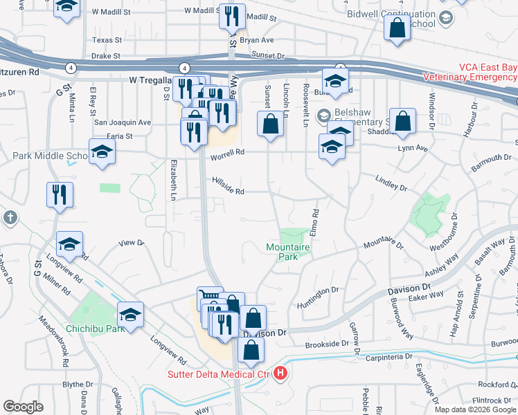 map of restaurants, bars, coffee shops, grocery stores, and more near 124 Hillside Road in Antioch