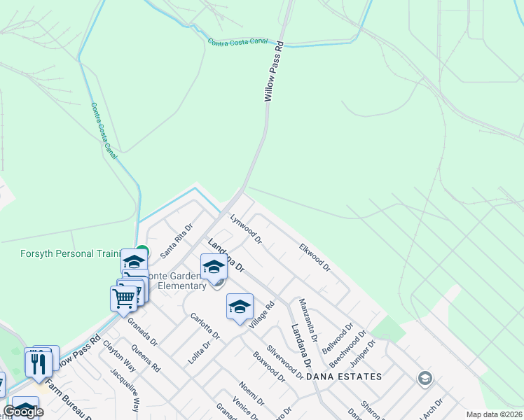 map of restaurants, bars, coffee shops, grocery stores, and more near 1894 Lynwood Drive in Concord