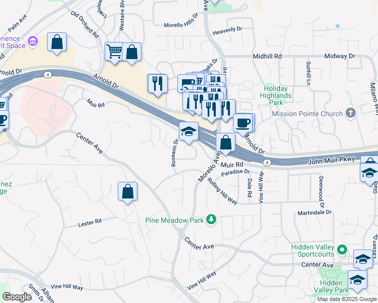 map of restaurants, bars, coffee shops, grocery stores, and more near 1158 Polson Circle in Martinez