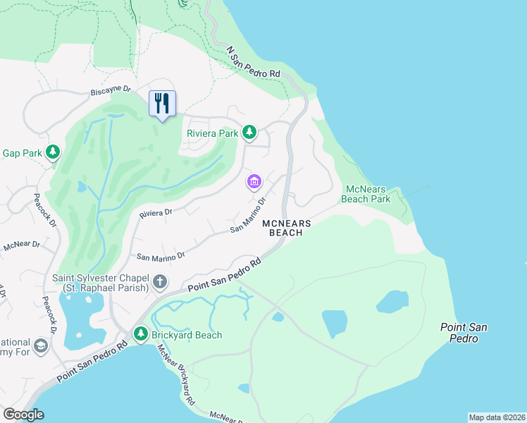map of restaurants, bars, coffee shops, grocery stores, and more near 192 San Marino Drive in San Rafael