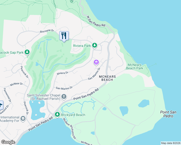 map of restaurants, bars, coffee shops, grocery stores, and more near 173 San Marino Drive in San Rafael