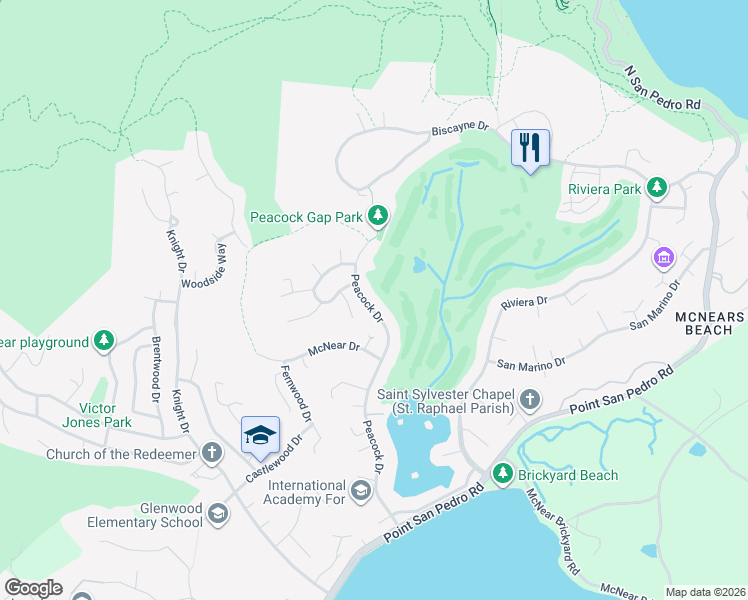 map of restaurants, bars, coffee shops, grocery stores, and more near 188 Peacock Drive in San Rafael
