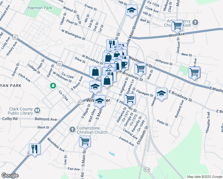 map of restaurants, bars, coffee shops, grocery stores, and more near 57 South Main Street in Winchester