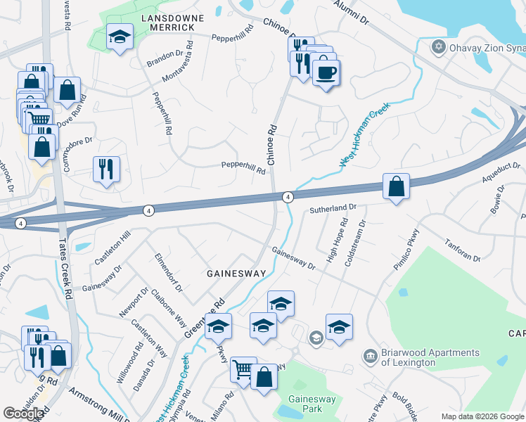 map of restaurants, bars, coffee shops, grocery stores, and more near 1112 Pepperhill Circle in Lexington