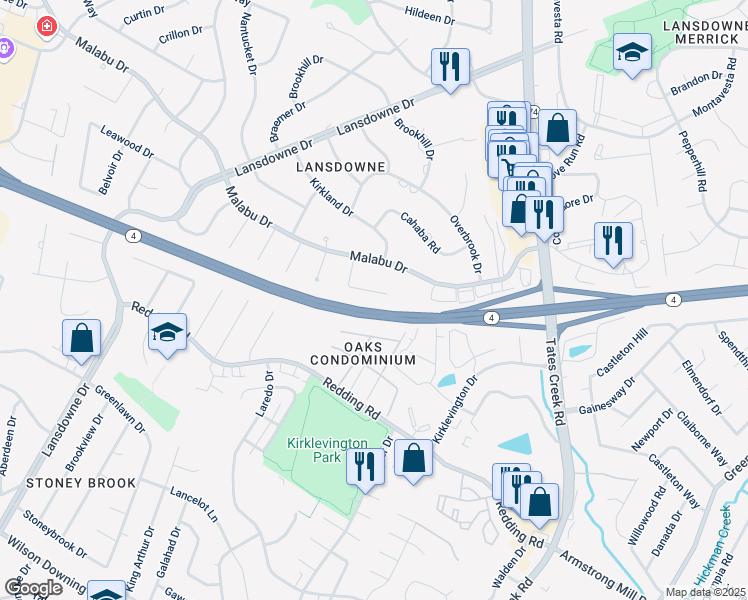 map of restaurants, bars, coffee shops, grocery stores, and more near 3432 Malabu Circle in Lexington