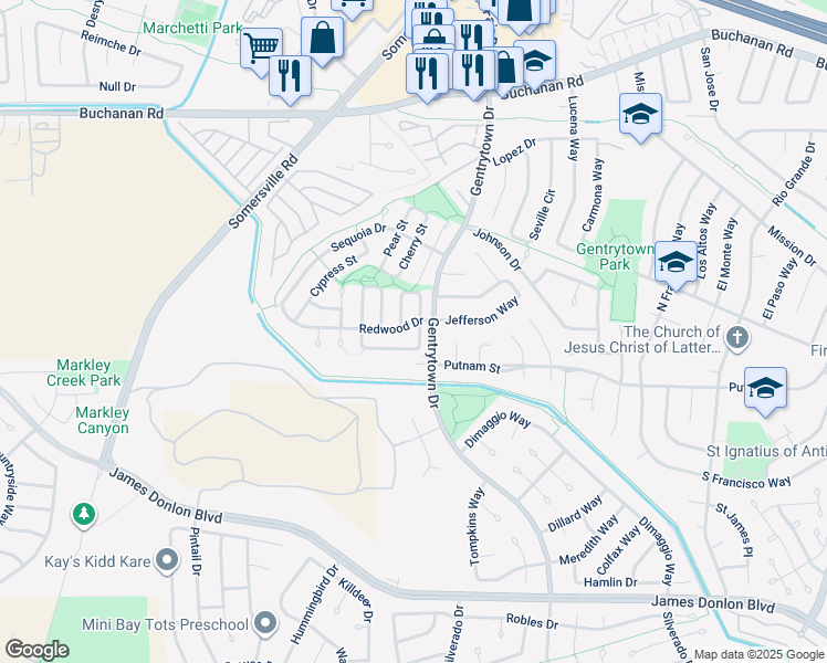 map of restaurants, bars, coffee shops, grocery stores, and more near 3208 Madrone Street in Antioch