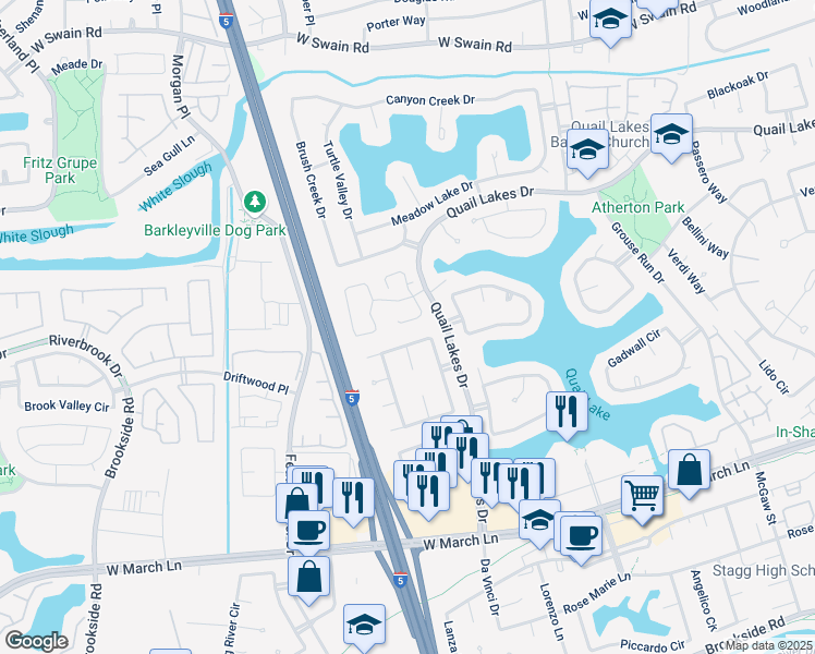 map of restaurants, bars, coffee shops, grocery stores, and more near 3591 Quail Lakes Drive in Stockton