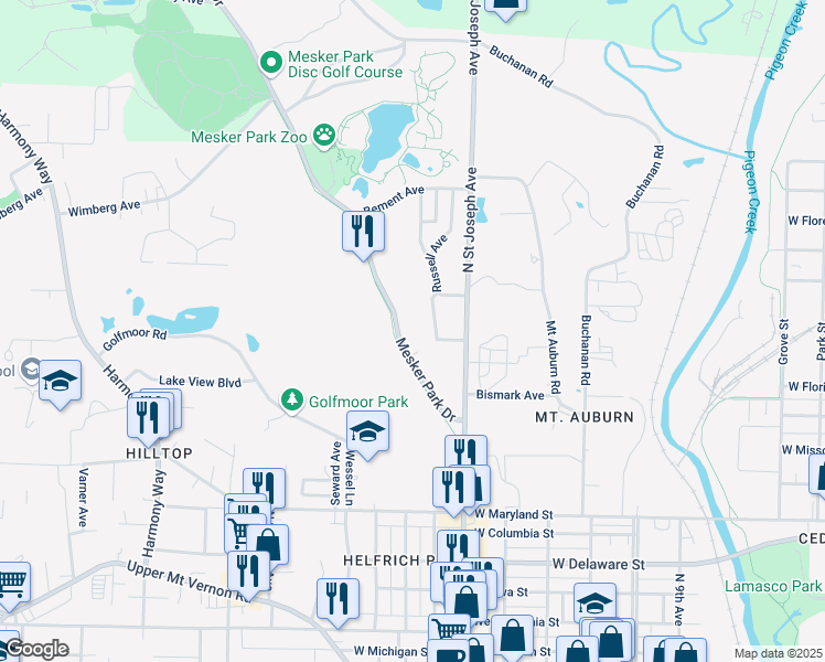 map of restaurants, bars, coffee shops, grocery stores, and more near 1357 Mesker Park Drive in Evansville