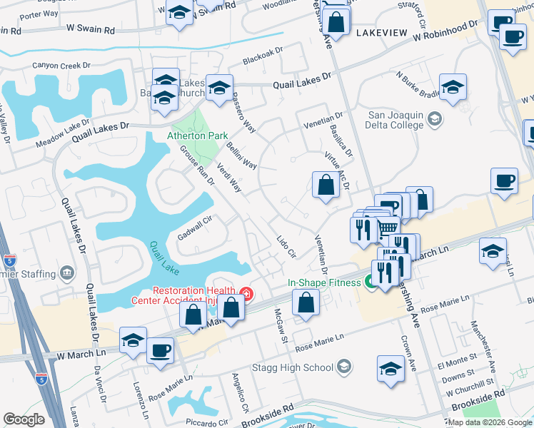 map of restaurants, bars, coffee shops, grocery stores, and more near 2117 Lido Circle in Stockton
