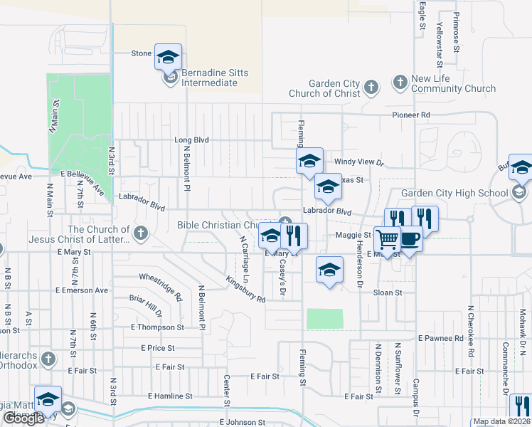 map of restaurants, bars, coffee shops, grocery stores, and more near 2704 North Easy Street in Garden City