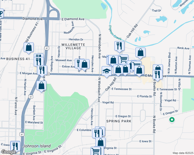map of restaurants, bars, coffee shops, grocery stores, and more near 1924 East Morgan Avenue in Evansville