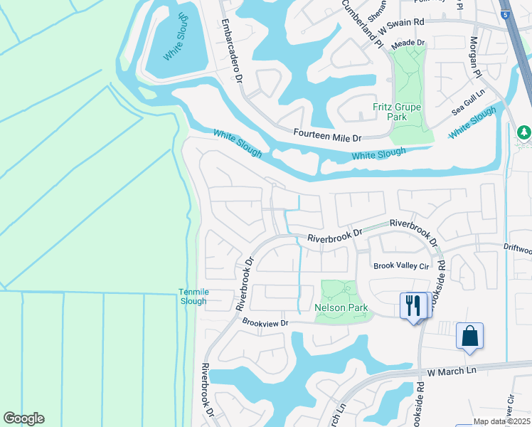 map of restaurants, bars, coffee shops, grocery stores, and more near 5801 Riverbank Circle in Stockton