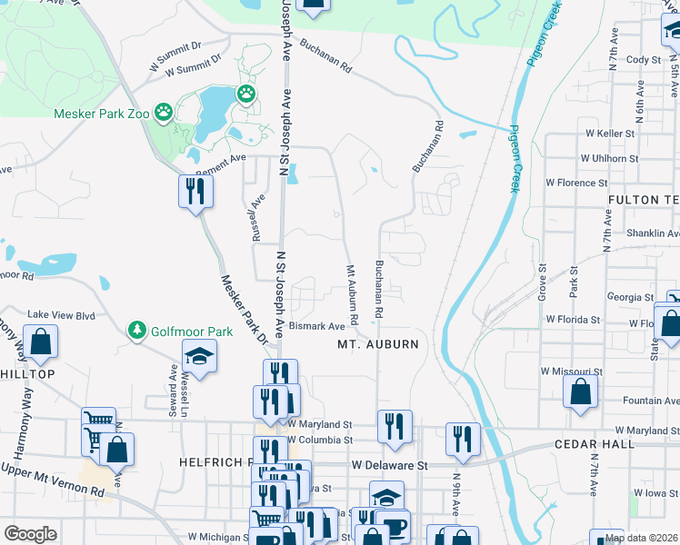 map of restaurants, bars, coffee shops, grocery stores, and more near 1516 Mount Auburn Road in Evansville