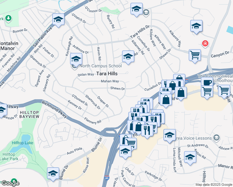 map of restaurants, bars, coffee shops, grocery stores, and more near 2832 Flannery Road in San Pablo