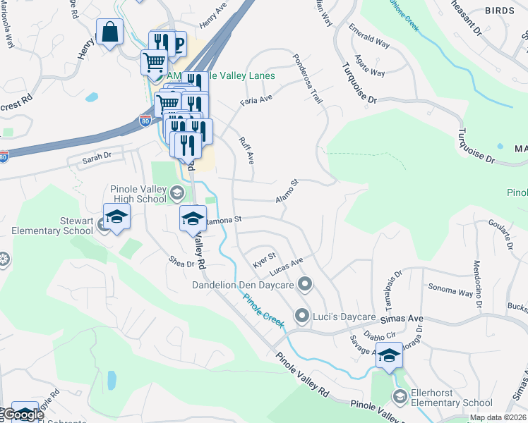 map of restaurants, bars, coffee shops, grocery stores, and more near 2457 Ramona Street in Pinole