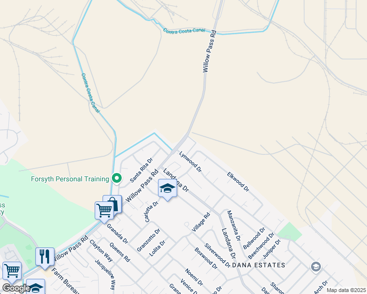 map of restaurants, bars, coffee shops, grocery stores, and more near 4002 Willow Pass Road in Concord