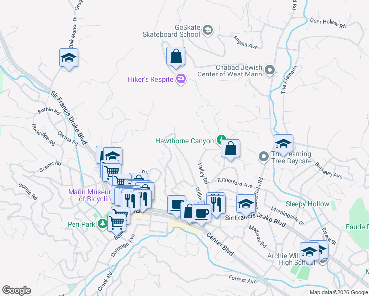map of restaurants, bars, coffee shops, grocery stores, and more near 164 Willow Avenue in Fairfax