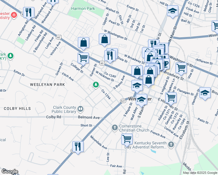 map of restaurants, bars, coffee shops, grocery stores, and more near 228 West Hickman Street in Winchester
