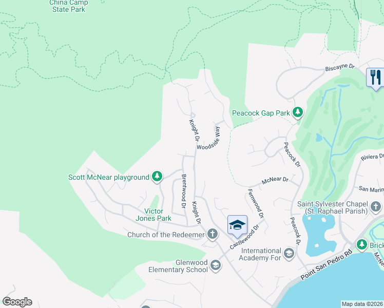 map of restaurants, bars, coffee shops, grocery stores, and more near 12 Alderwood Way in San Rafael