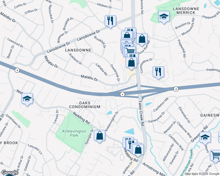 map of restaurants, bars, coffee shops, grocery stores, and more near 833 Malabu Drive in Lexington